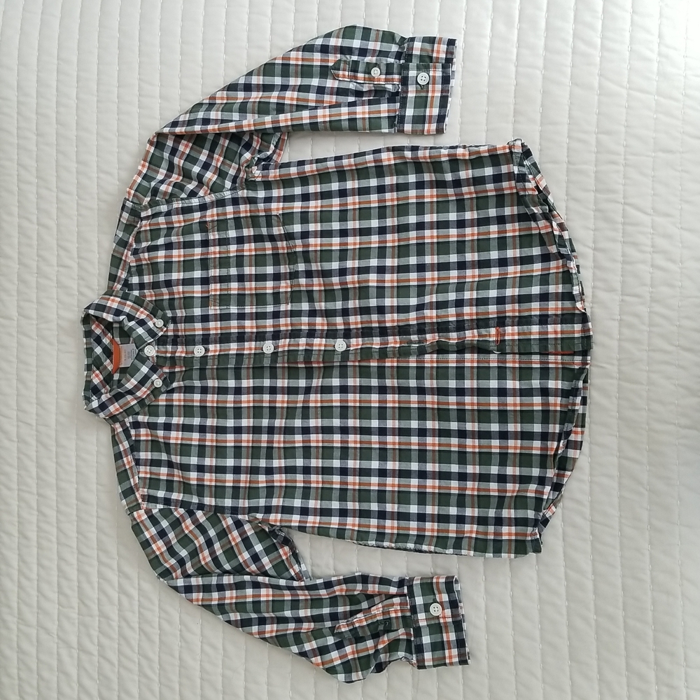 Gymboree boys button down shirt, size 5/6 Navy/white/green/orange plaid